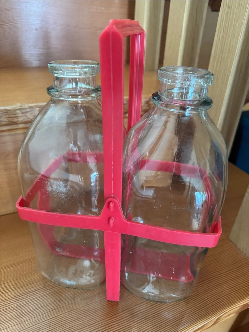 Set of Two Vintage 1/2 gallon Glass Milk Bottles with Red Carrier